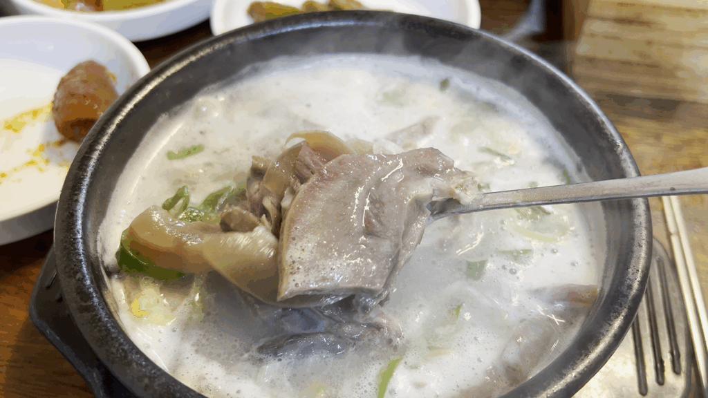 뜨거운 뚝배기에 담겨 나오는 광천식당의 뽀얀 소머리국밥과 숟가락으로 떠올린 부드러운 머릿고기. A spoonful of tender ox head meat being lifted from a bubbling, milky broth in a traditional Korean earthenware bowl (ttukbaegi).