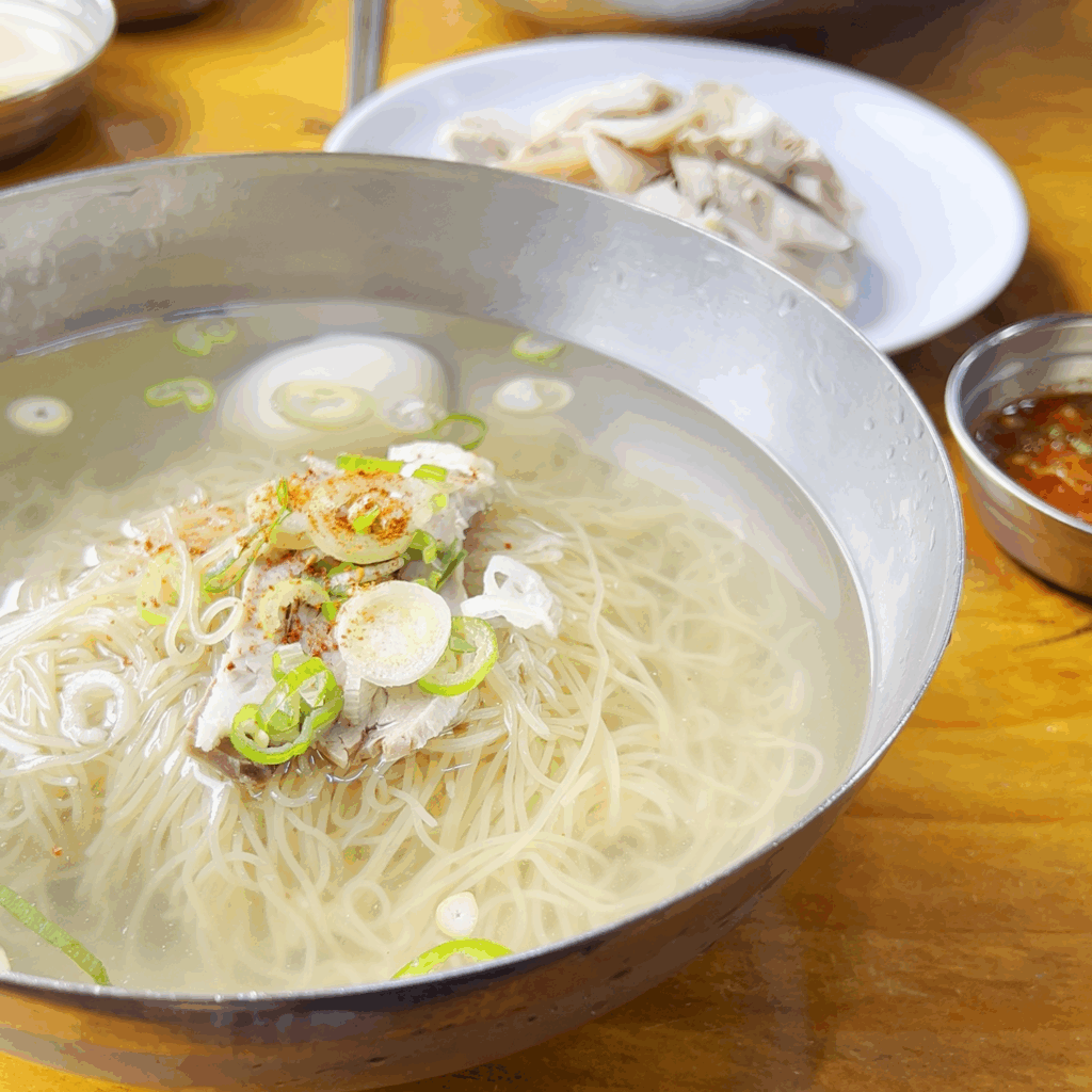 A full bowl of Pyeongyang naengmyeon with buckwheat noodles, sliced pork, a boiled egg, and green onions in clear broth.