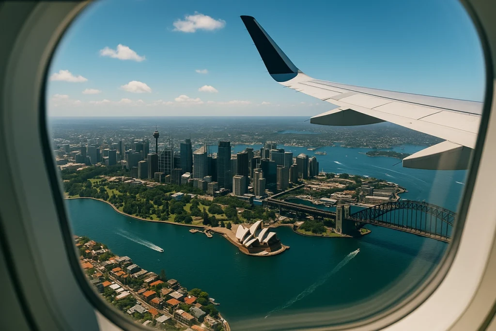 비행기 창밖으로 내려다보이는 시드니 오페라 하우스와 하버브리지, 도심 전경. An aerial view of the Sydney city skyline, Opera House, and Harbour Bridge from an airplane window.