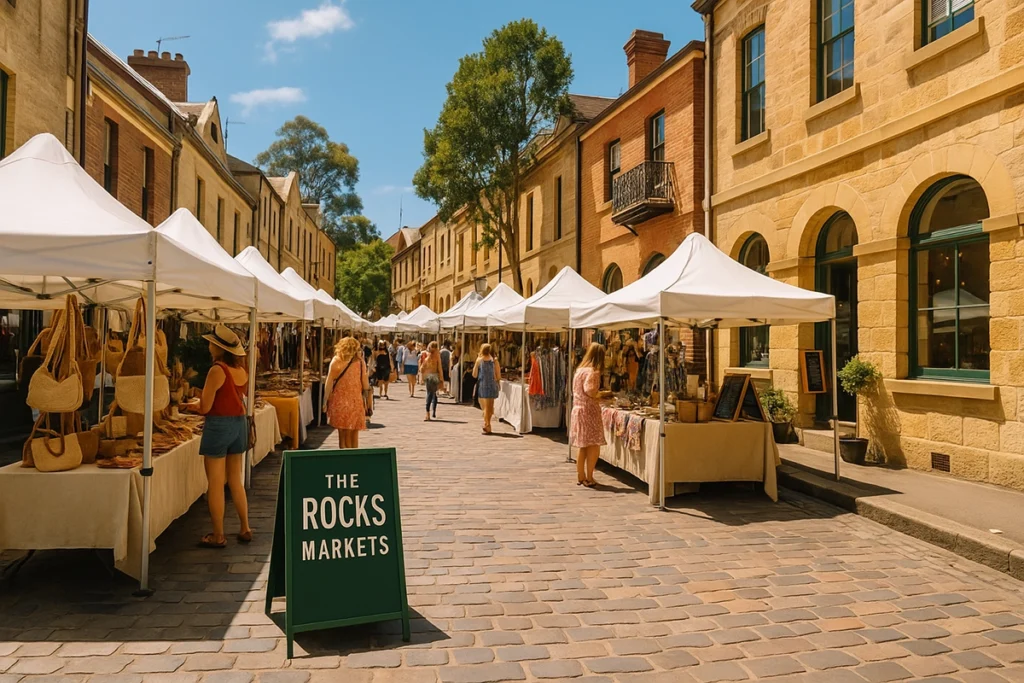 맑은 날, 시드니 더 록스 마켓(The Rocks Markets)의 야외 천막과 돌길을 걷는 사람들. People walking through The Rocks Markets in Sydney on a sunny day, with stalls on a cobblestone street.