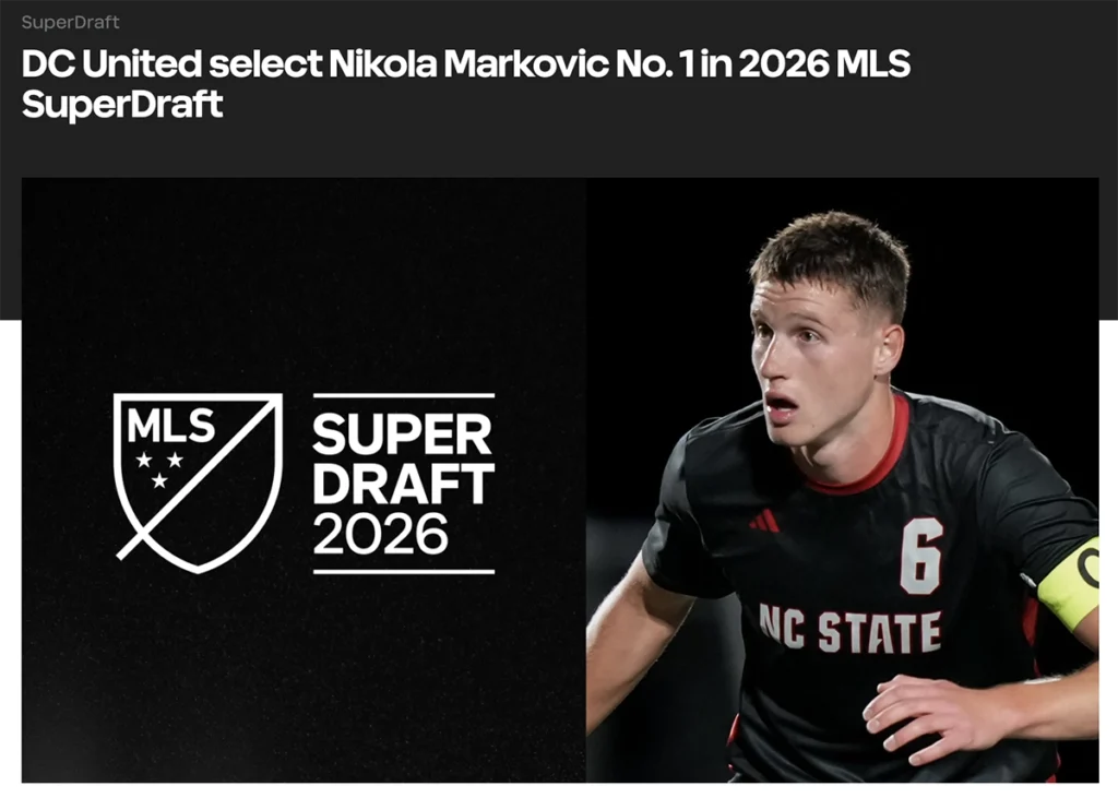 MLS 슈퍼드래프트 2026에서 DC 유나이티드가 1순위로 선수를 지명한 장면 DC United selecting the first overall pick during the 2026 MLS SuperDraft